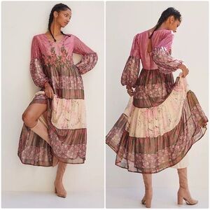 Anthropologie Taandon Embroidered Shimmer Lurex floral bobo Dress Mynah Reynu 8